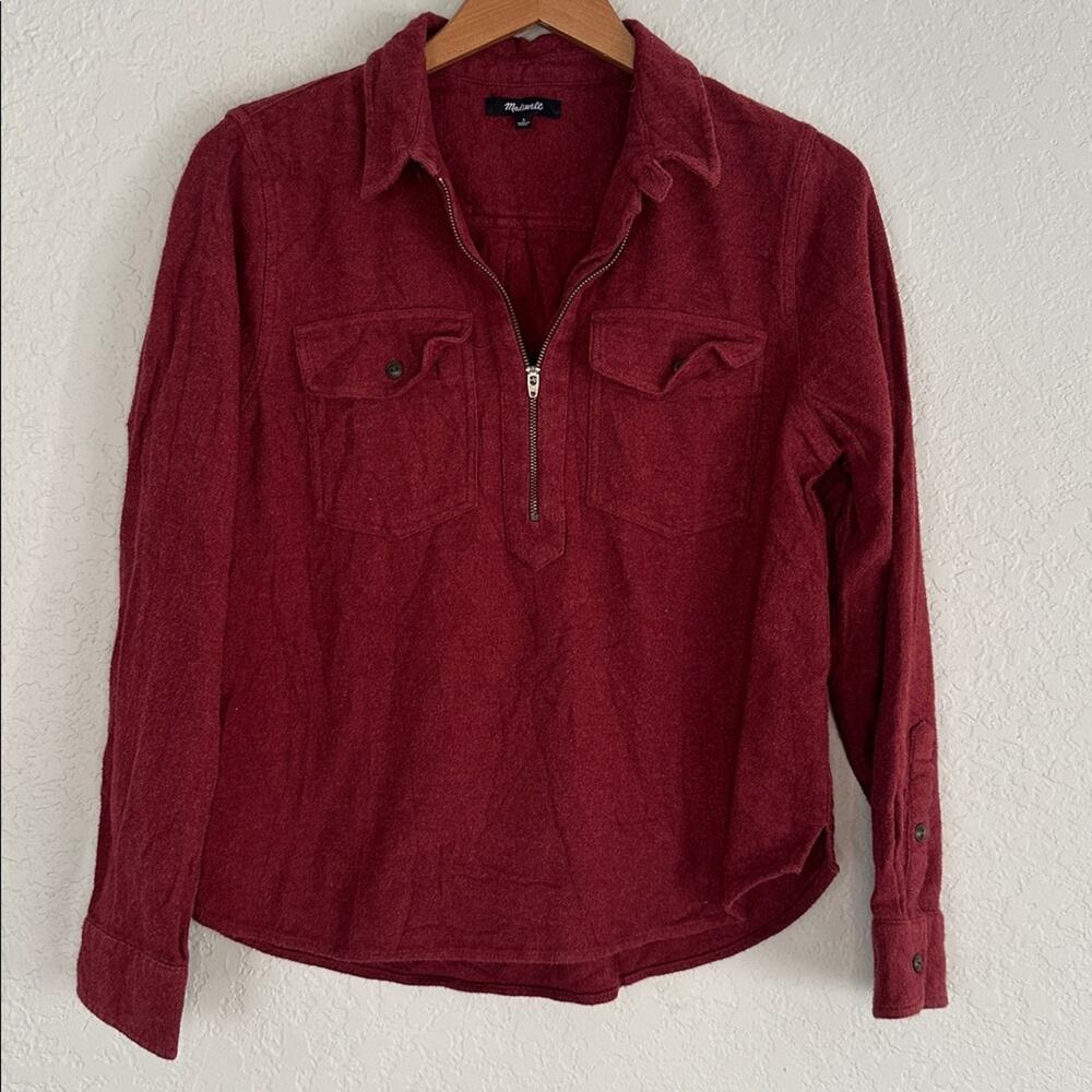 Madewell Flannel Shirt Zip Front Popover Burgundy Pockets Fall Western Cozy - Picture 3 of 8